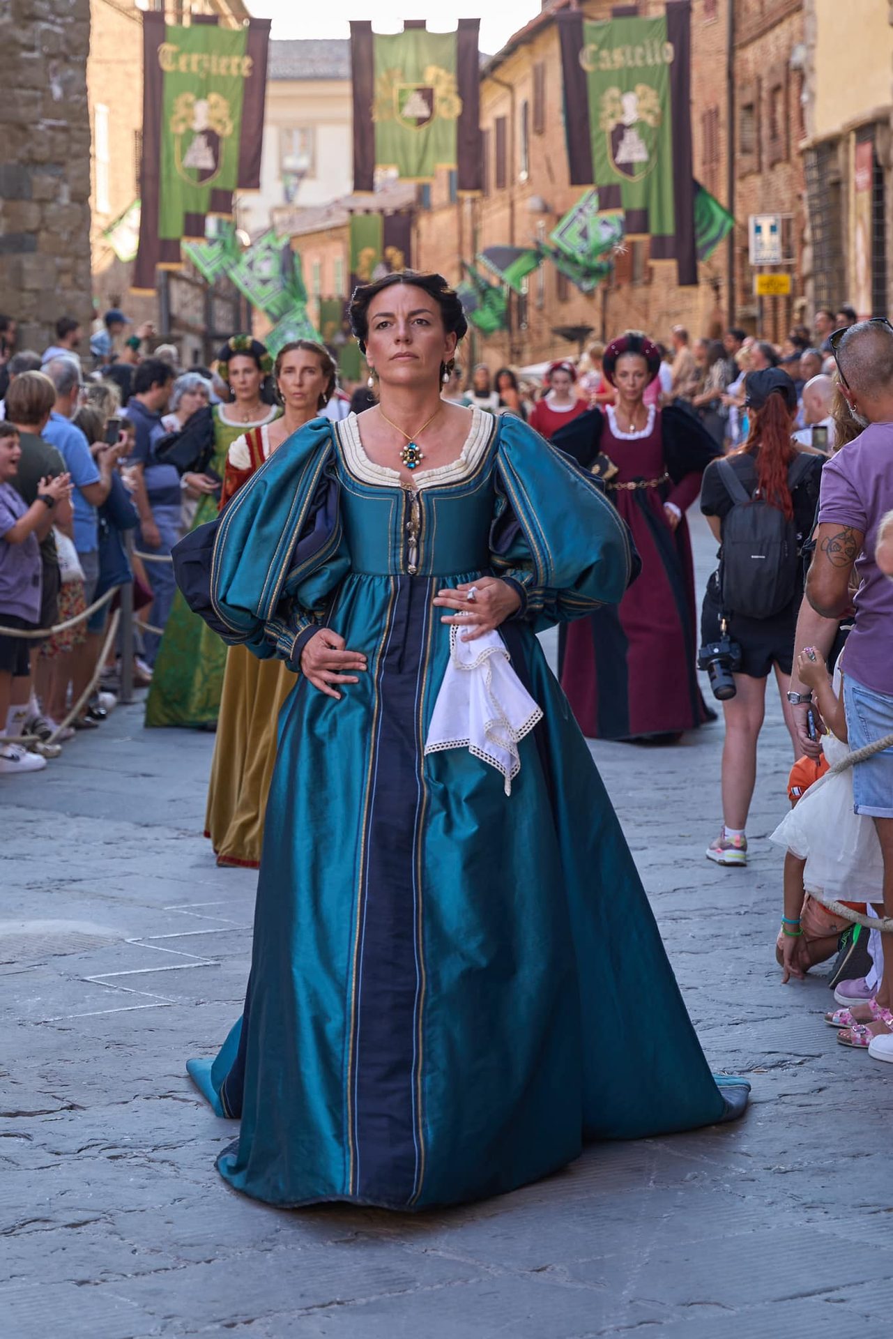 Dama in damasco verde-azzurro